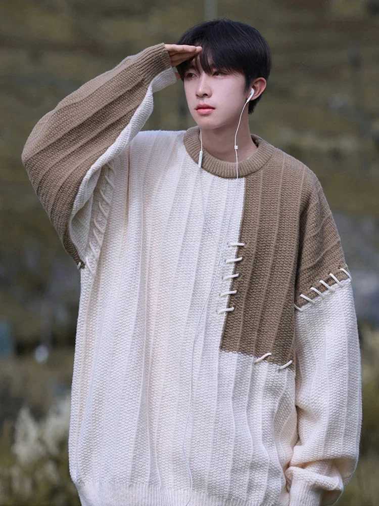 Knitted sweater mens Pullover oversized sweater mens winter Harajuku casual streetwear patch work autumn hip-hop splicingW240729