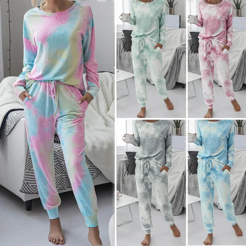 2 Pcs/Set Women Tracksuit Tie-dye Contrast Color Artistic Print Drawstring Elastic Waist Warm Pockets Round Neck Sweatshirt Trou 240809
