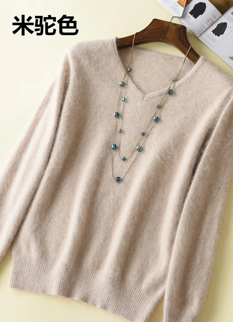Winter Women Sweater V-Neck Knitted Pullover 100% Mink Cashmere Jumper Female Solid Color Soft Super Warm Sweater S-2XL 16 Color 240813
