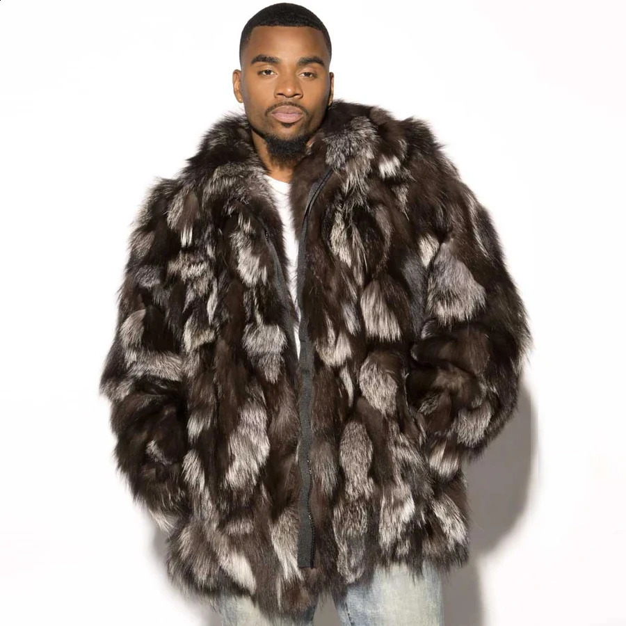 Silver fox fur mens jacket real winter fashionable y bomber 240809
