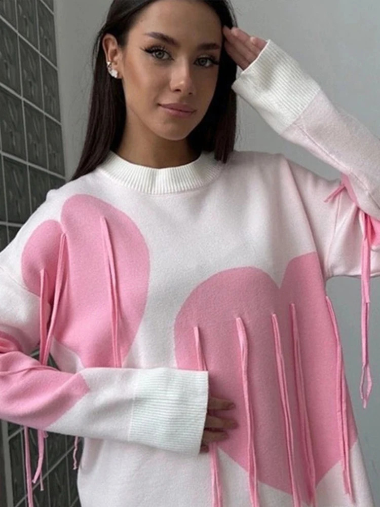 Casual Knitted Tassel Love Print Sweater Women Loose O-neck Long Sleeve Female Sweaters Autumn Fashion Lady Streetwears 240812
