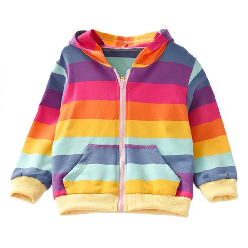 Autumn Children Girls Outerwear Rainbow Striped Casual Hoodie Zipper Sweatshirt Kids Coat Outfits TopsY240814