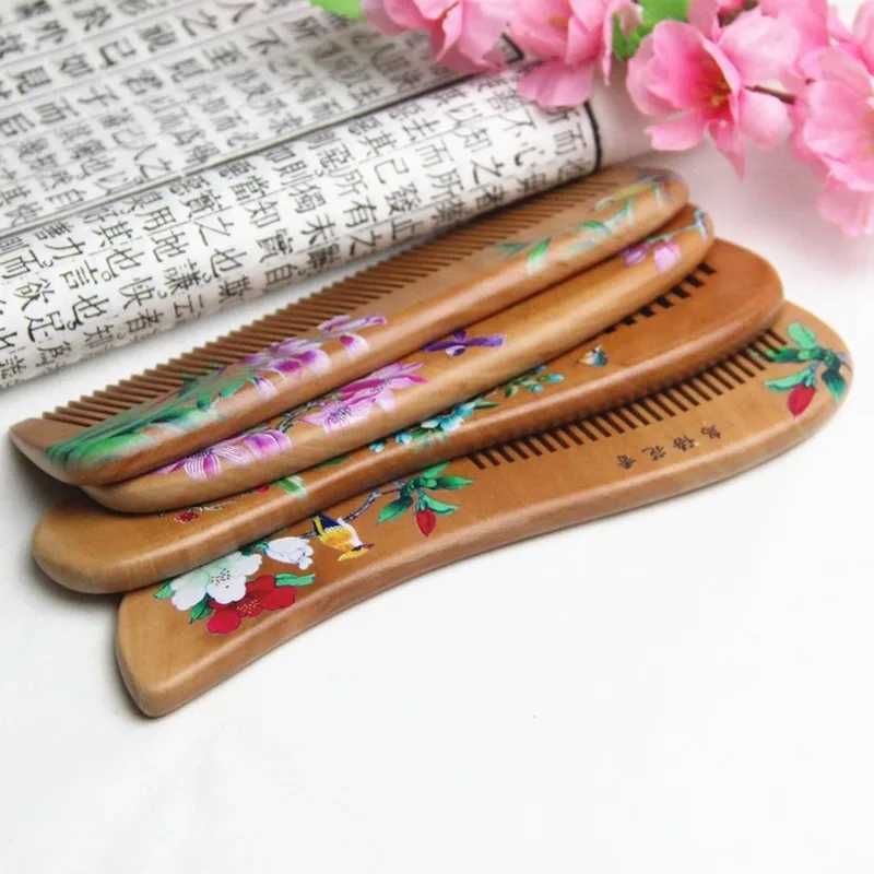 1 natural peach solid wood comb carved peach wood health massage anti-static comb hair care tool beauty accessories W240813