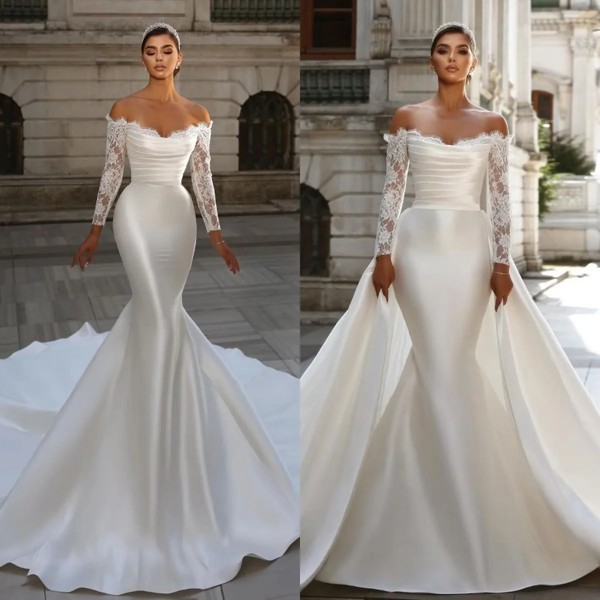 Vintage Mermaid Wedding Dress For Bride Off Shoulder Fulllace Long Sleeves Wedding Dresses Bridal Gowns With Detachable Train
