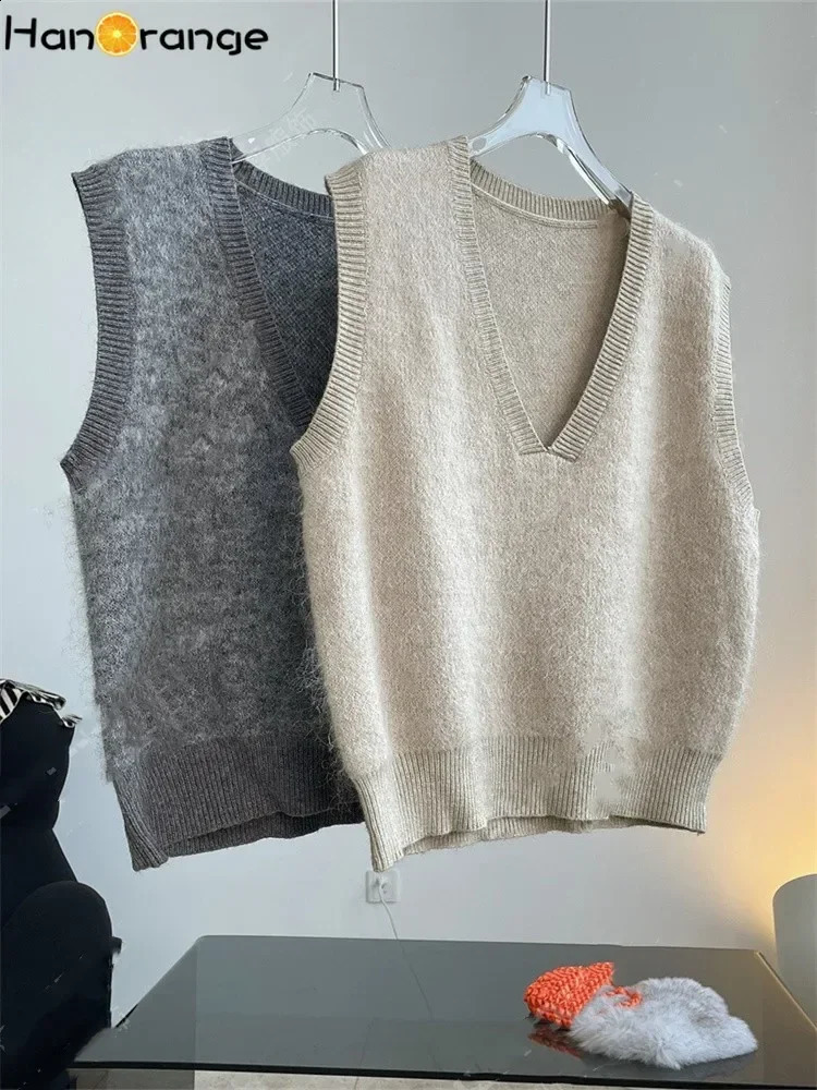 HanOrange 2024 Autumn Winter Simple Soft Mohair V-neck Sweater Women Knitted Vest GreyOat 240813