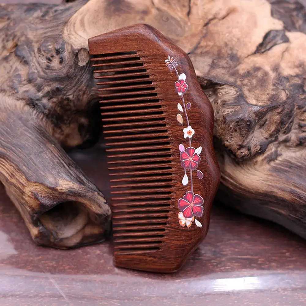 Natural hawthorn comb anti-static density fine tooth butterfly flower lacquer wood comb head massager hair comb styling tool W240813