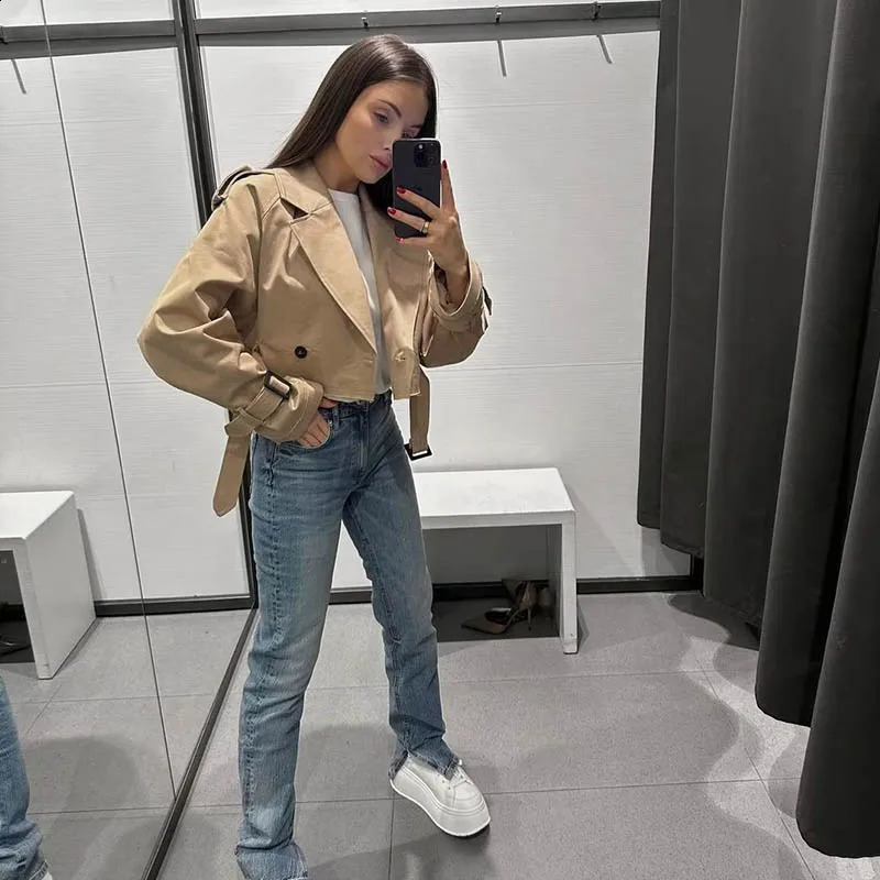 Women Jacket Autumn Fashion Casual Streetwear Button Loose Long Sleeve Tops Female Cropped Trench Coat Outwear 240813