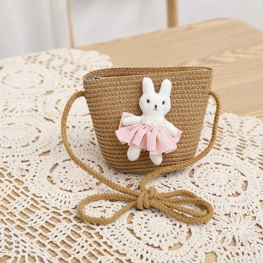 Cartoon Rabbit Mini Straw Bag Summer Beach Zipper Hand Woven Childrens Messenger Bag Coin Wallet Photo Props Cross body Handbag W240906