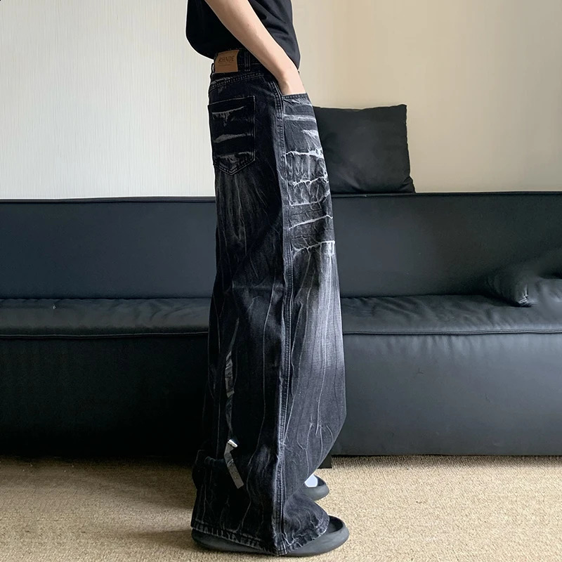 FEWQ American Cleanfit Washed Old Lightning Pattern Vibe Loose Wide Leg Pants Jeans Male Trousers Fashion 24E1568 240821