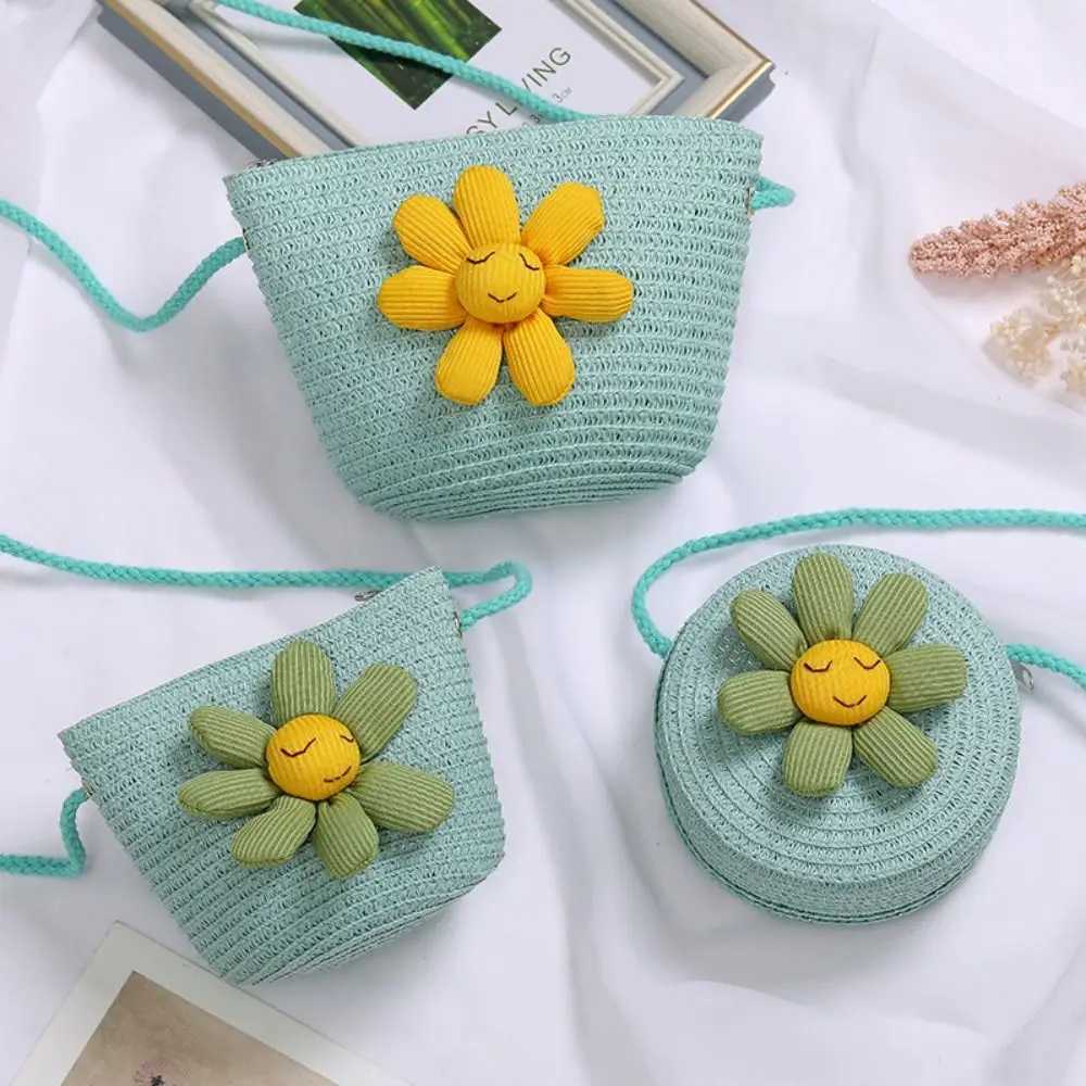 Flower Girl Straw Bag Summer Zipper Hand Woven Childrens Beach Bag Photo Props Coin Wallet Storage Basket W240906