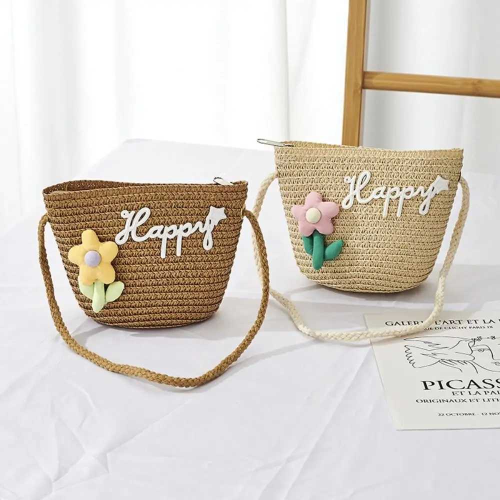 Cute childrens straw shoulder bag flower baby girl small bucket cross bag childrens mini coin wallet beach handbag W240813
