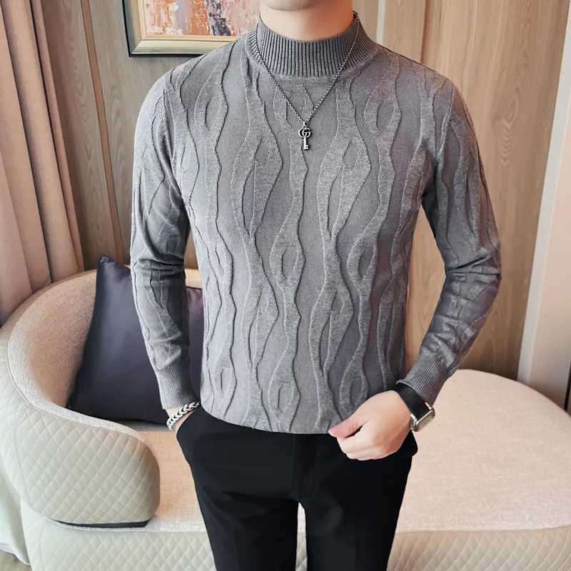 2023 autumn and winter jacquard mens sweater long sleeved slim fit half turtle neck sweater fashionable casual business knit zipperW240729