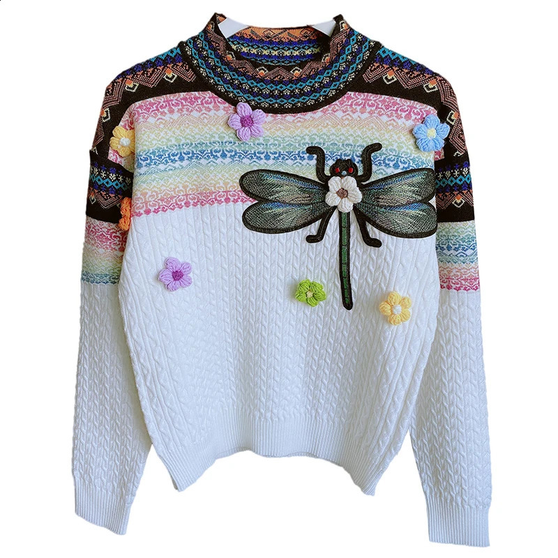 Spring Autumn Round Neck Long Sleeve Contrast Color Twist Sweater Womens Three-Dimensional Flower Dragonfly Pull Femme 240813