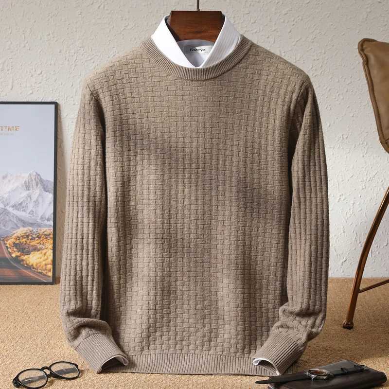 New 100% wool knitted floral mens autumn O-neck jacquard sweater casual long sleeved bottom sweater loose solid color topW240729