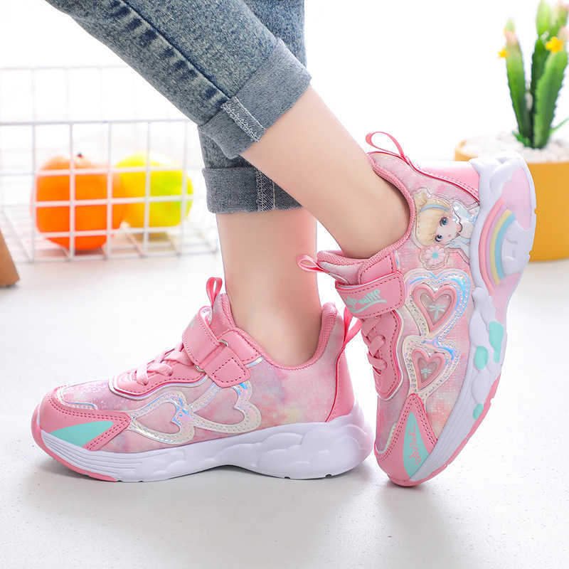 Sneakers Girls sports and leisure childrens leather single shoes 2023 Spring and Autumn Mid to Large Childrens Princess Running Shoes Trend H240805
