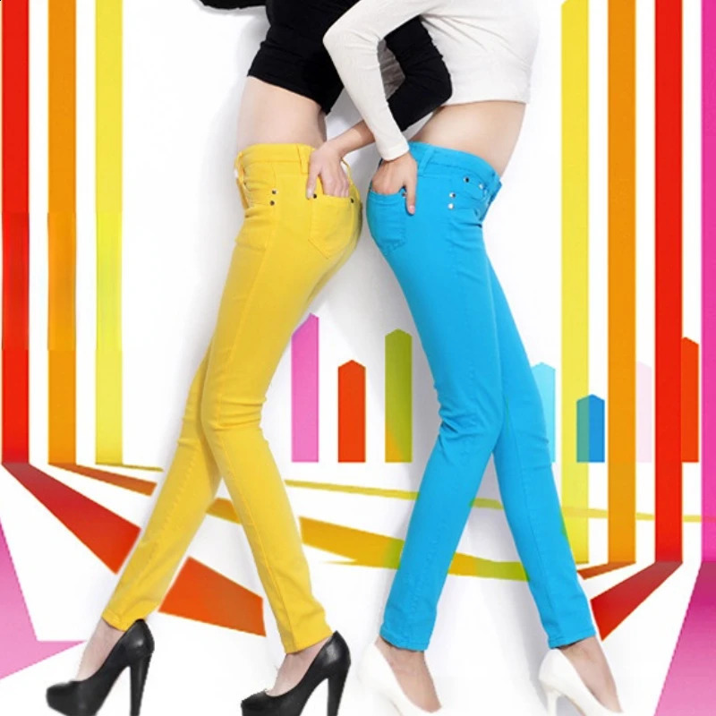 Fashion Casual Slim Elastic Denim Pencil Jeans for Women Sexy Mid Waist Thin Denim Trousers Candy color Stretch Skinny Pants 240813