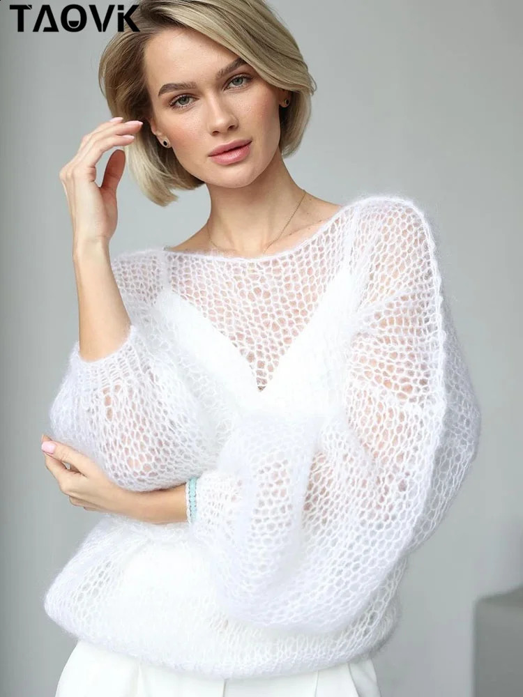 TAOVK Womens crochet tops Knitted Sweaters lightweight sheer Thin Cardigan see through Sweater Loose Outwear 240813