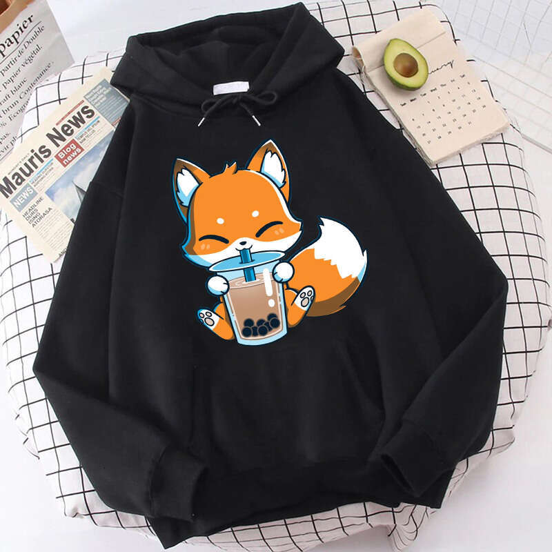 Milk Boba Tea Print Women Hoodies Korean Style Clothes Kawaii Plus Size Sweatshirt Cute Cartoon Fox Graphic Female Streetwear
