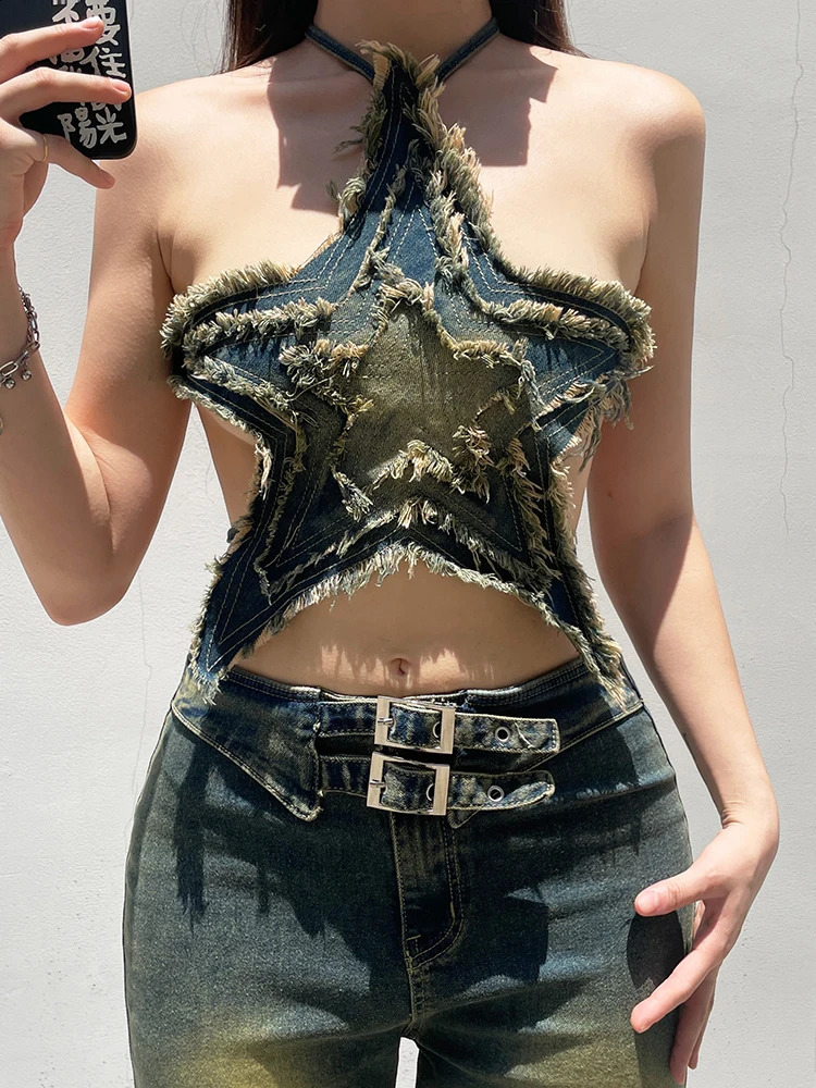 Weekeep Distressed Star-shaped Crop Top Stitched Y2k Grunge Tie-up Backless Corset Tops Women Summer Streetwear Denim Shirts 90s 240814