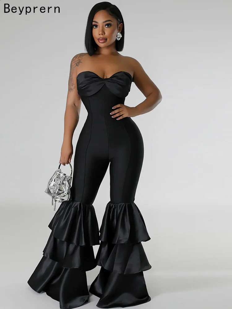 Beyprern Elegant Tiered Ruffle Strapless Jumpsuit For Women Off Shoulder Black Flared Leg Bandage Jumpsuits Clubwear Overalls 240813