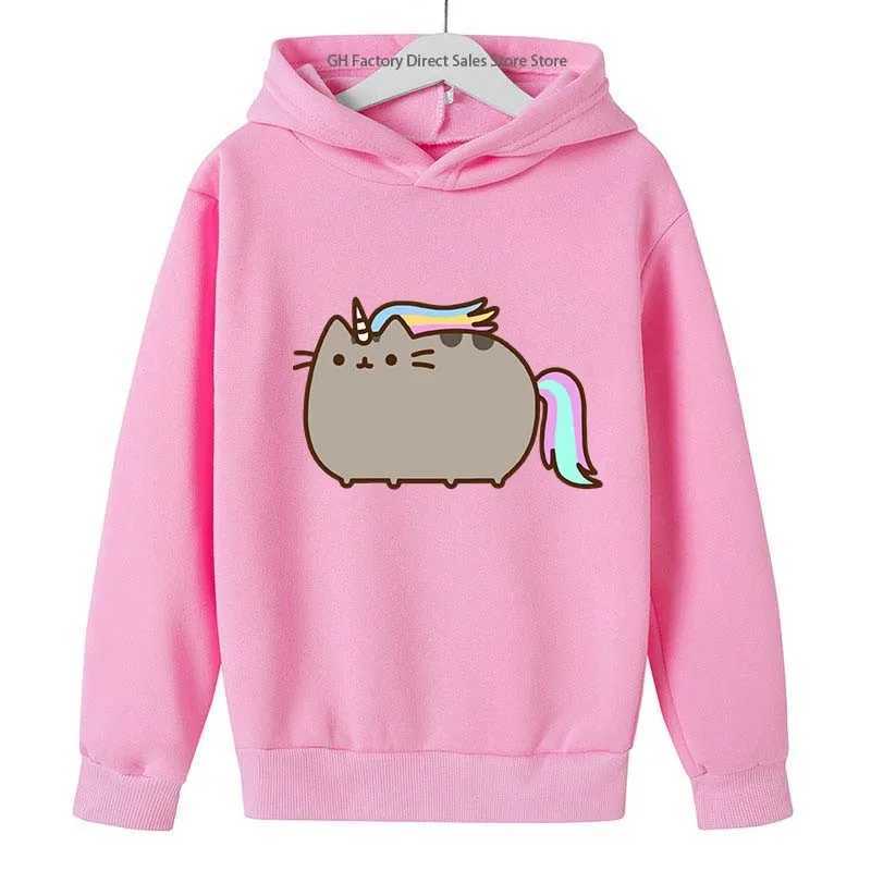 Girls Pusheen Cat Cute Print Spring Autumn Long Sleeved Hoodies 2-13 Years Kids Casual Outfits Sports Tops Children Gift ClothesY240814