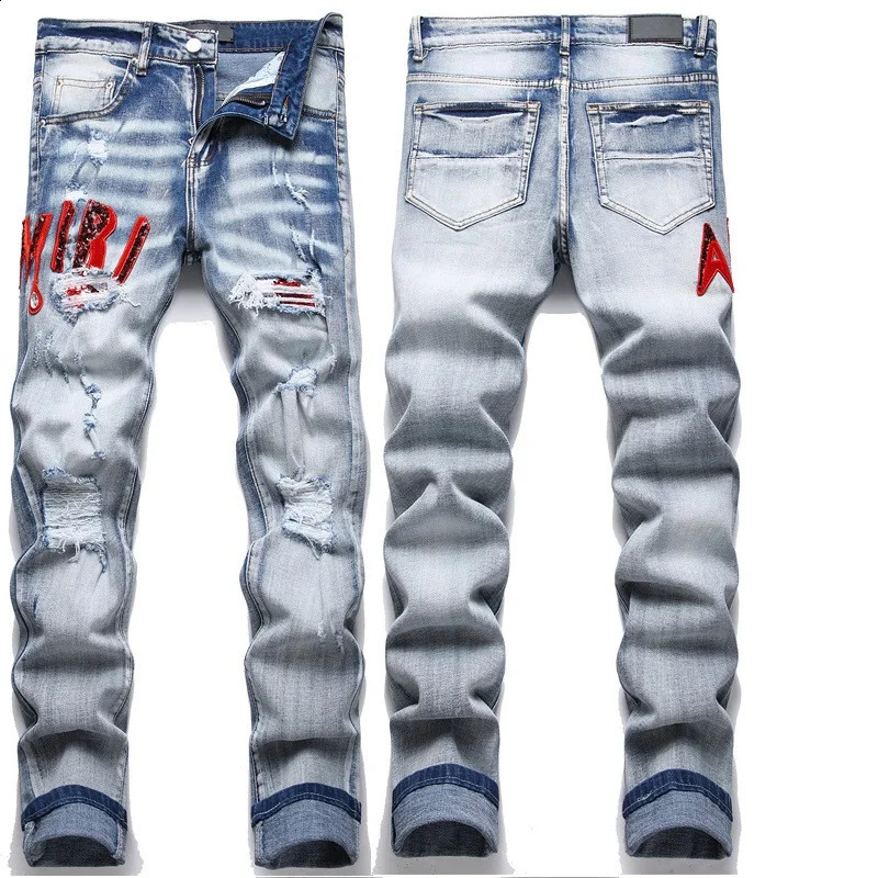 High Street Stretch Embroidered Mens Jeans Ripped Streetwear Punk Style Pants for Man Slim Fashion Small Foot 240813 - view 8