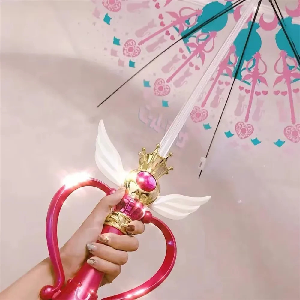 Rain Gear Pink Luminous Umbrella Sailor Moon Magic Wand Transparent Paragua Girls and Childrens Gift 240813