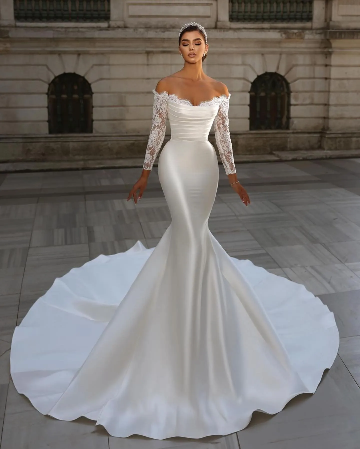 Vintage Mermaid Wedding Dress For Bride Off Shoulder Fulllace Long Sleeves Wedding Dresses Bridal Gowns With Detachable Train