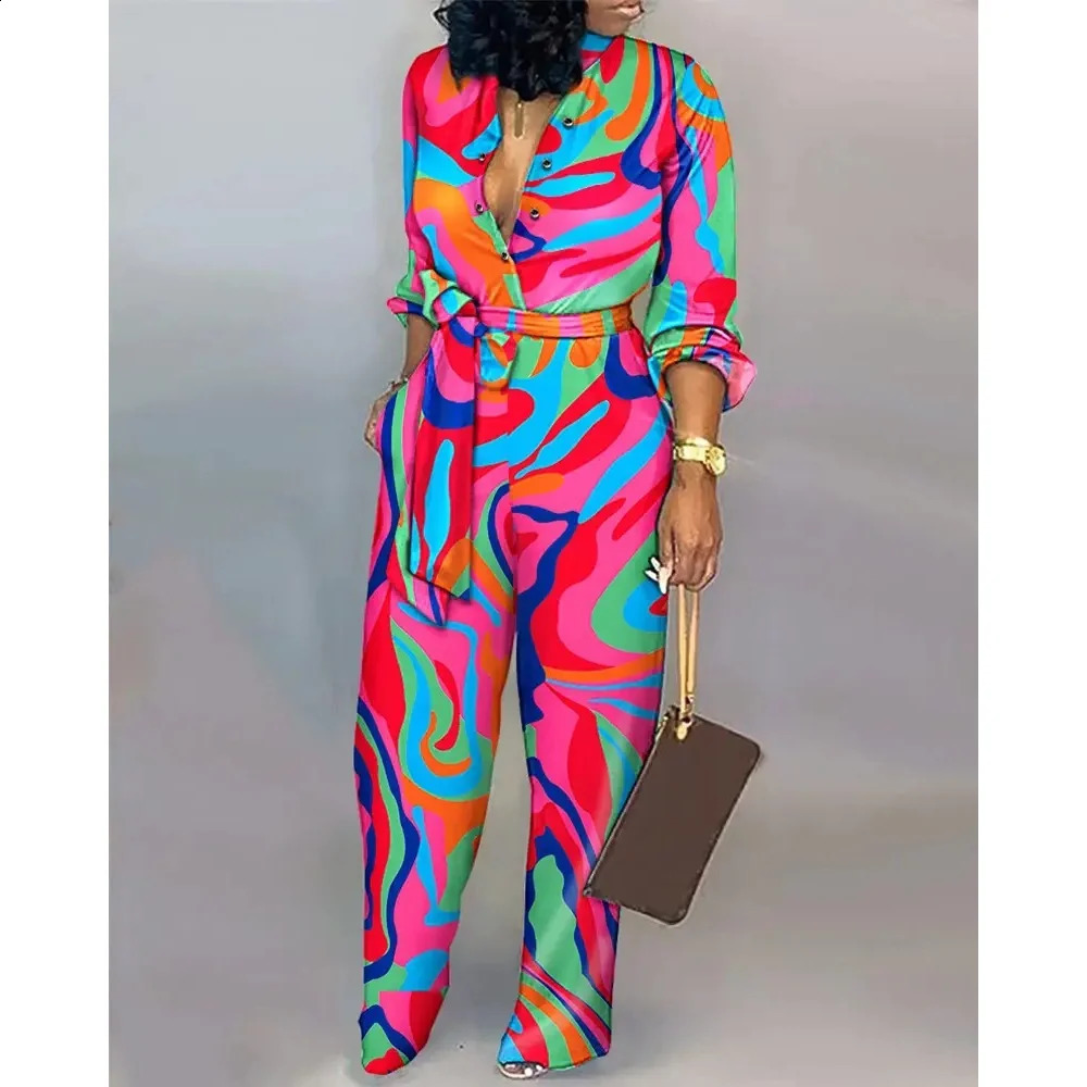 LKF Temperament Casual Long-sleeved Button Jumpsuit Womens Printed Strap High Waist Straight Jumpsuit Trousers 240813