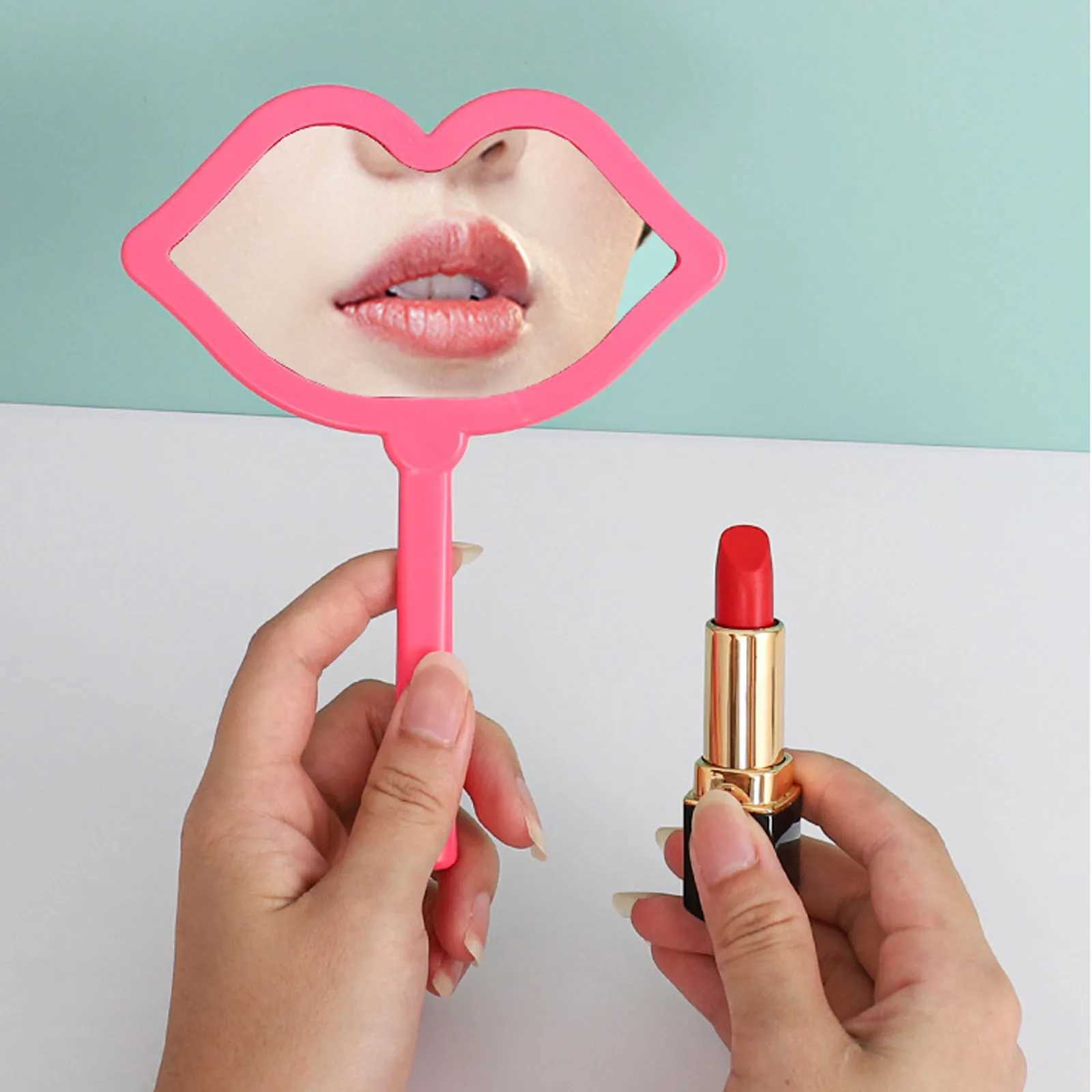 Lip shaped makeup mirror portable handheld mirror lip shaped makeup mirror spa salon compact mirror womens makeup mirror W240813