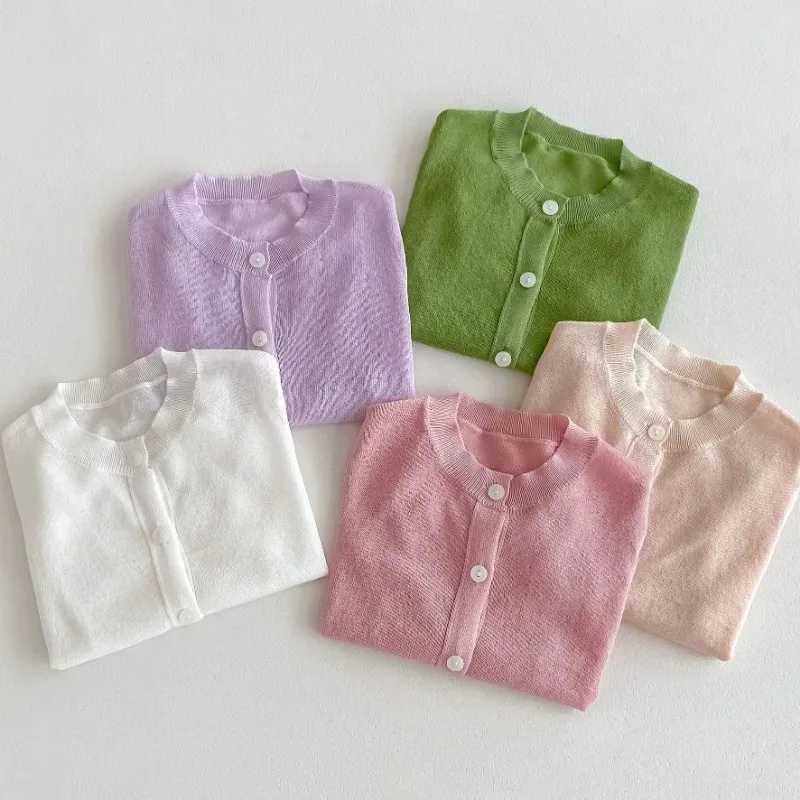 2024 Summer New Baby Long Sleeve Cotton Open Knitted Woolen Sweater Thin Breathable Baby Girls Knitted Sunscreen Jacket Boys Solid Top W240813