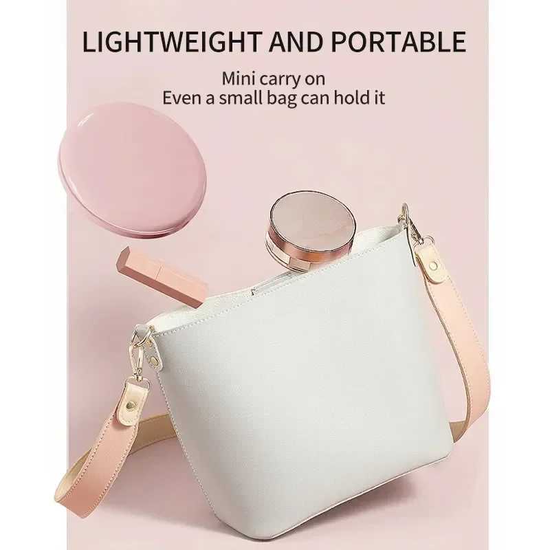 Mini portable folding travel bag makeup mirror with LED light round handheld compact 10X magnifying pink black makeup mirror W240813