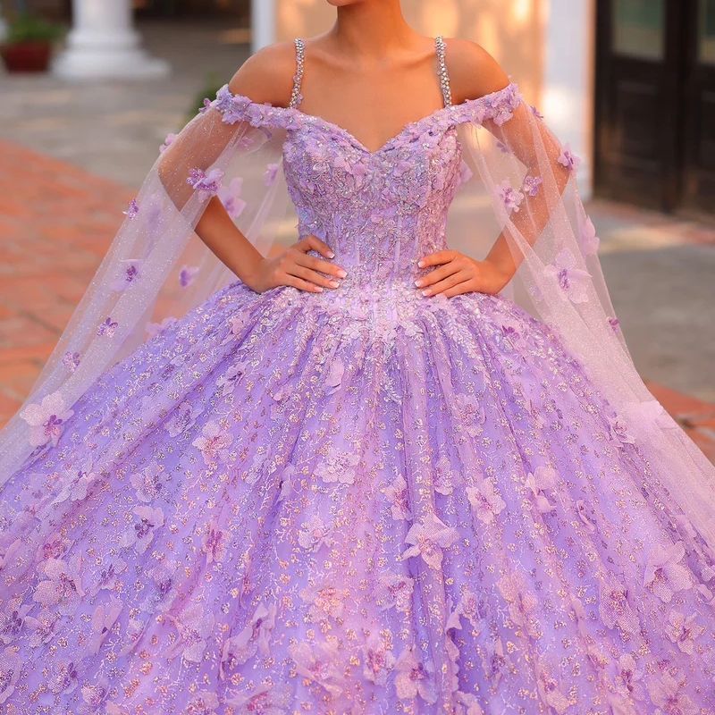 Lilac Princess Quinceanera Dresses Sequined Lace Applique Ball Skirt Sweet 15 16 Birthay Party Prom Gown Vestidos De XV Anos