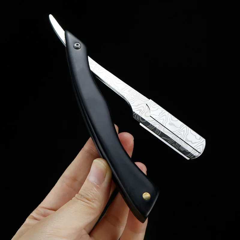 Barber Damascus Pattern Folding Razor Ebony Handle Manual Shaver Straight Edge Stainless Steel Razor Beard Cutter Holder G0104M240814