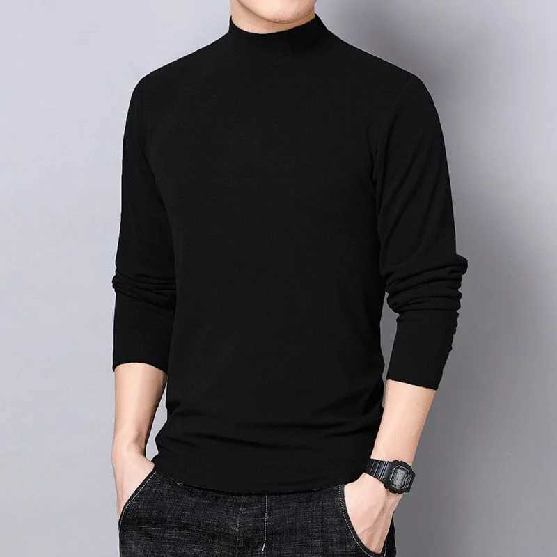 Autumn Winter Men Warm T-shirt New Double Sided Fleece Half High Collar Long Sleeve Casual Solid Elastic Male Clothing Basic TopM240814
