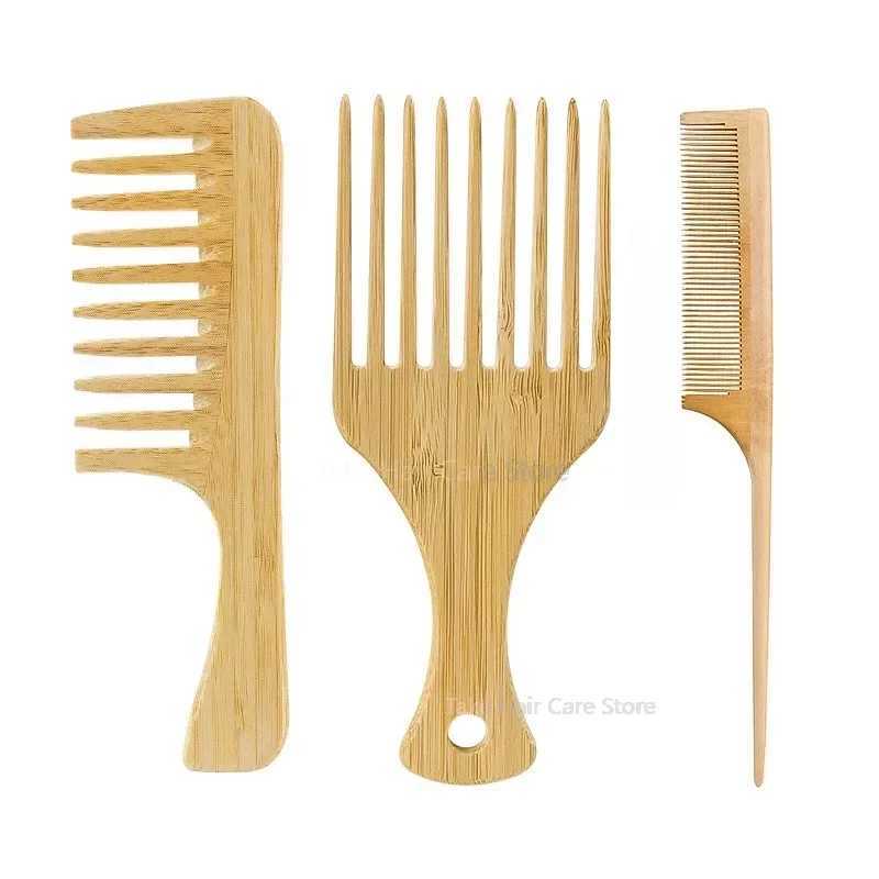 Combs natural bamboo and wood hair comb anti-static African fork comb womens round wide tooth wooden comb womens hair brush W240813
