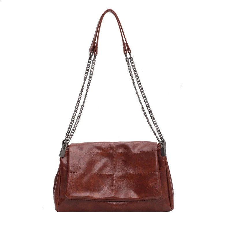 Sewing Thread Vintage Fashion Women Shoulder Bags Metal Chain Strap Crossbody Bag Soft PU Leather Lady Shopper Travelling Bolso 240813