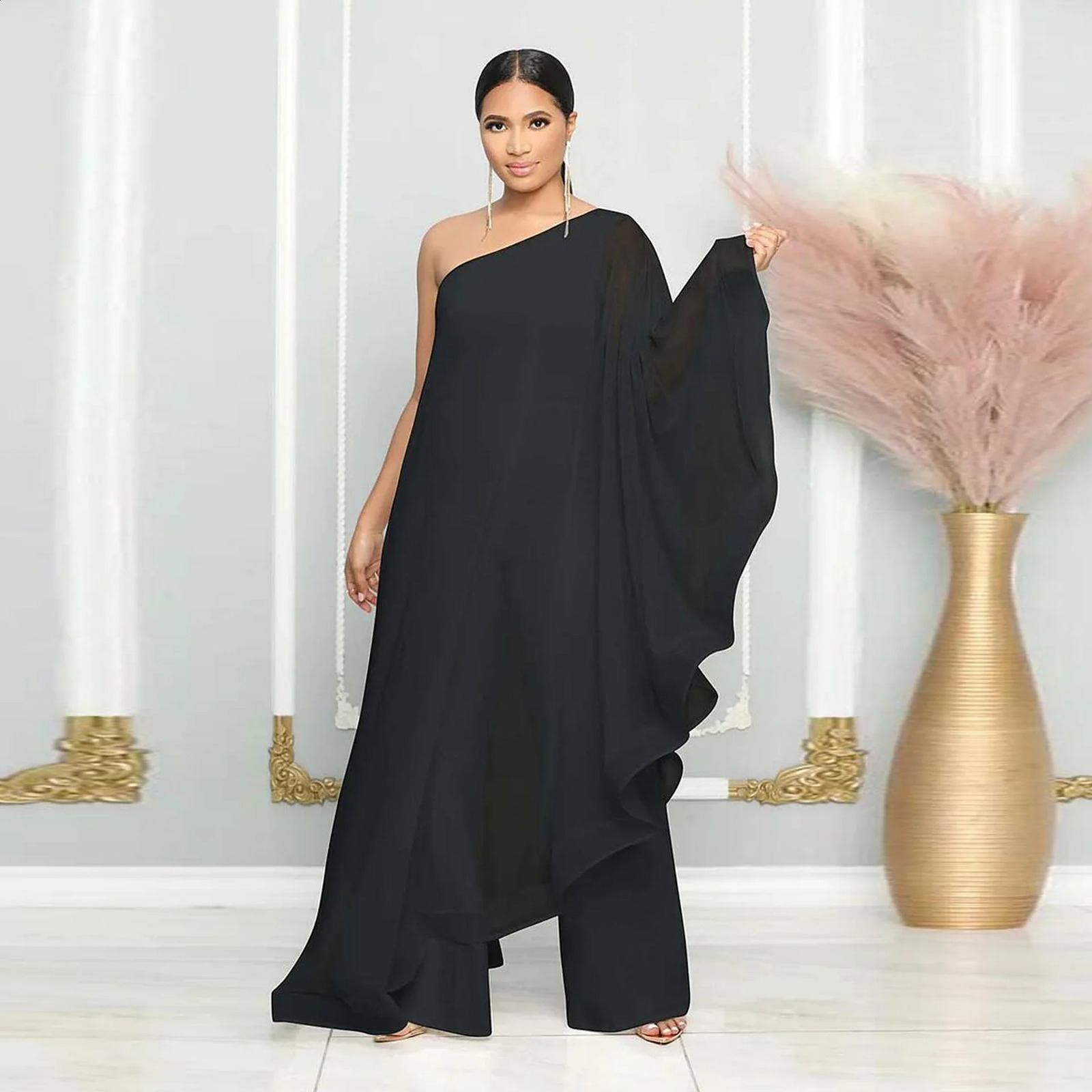 White Wide Leg Party Jumpsuit Sexy Women One Shoulder Elegant Solid Ruffles Casual Overalls Rompers 240813