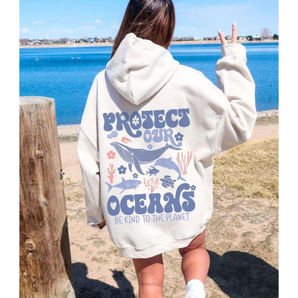 Riders Wave Surfing Hoodie Protect Oceans Save Our OceanSweatshirts Preppy Aesthetic Gifts Women Trendy Oversized Pullover