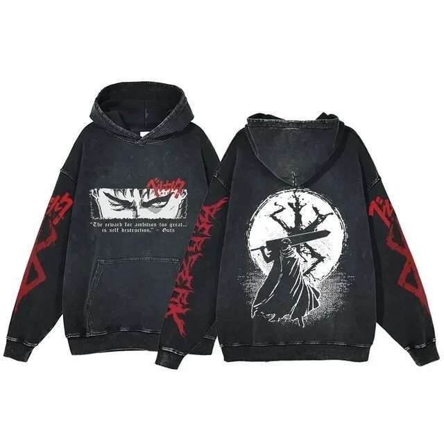 Manga Berserk Men's Hoodies Long Sleeves Washed Cotton Sweatshirts Vintage Gothic Anime Oversized Comfortable Soft Streetwear