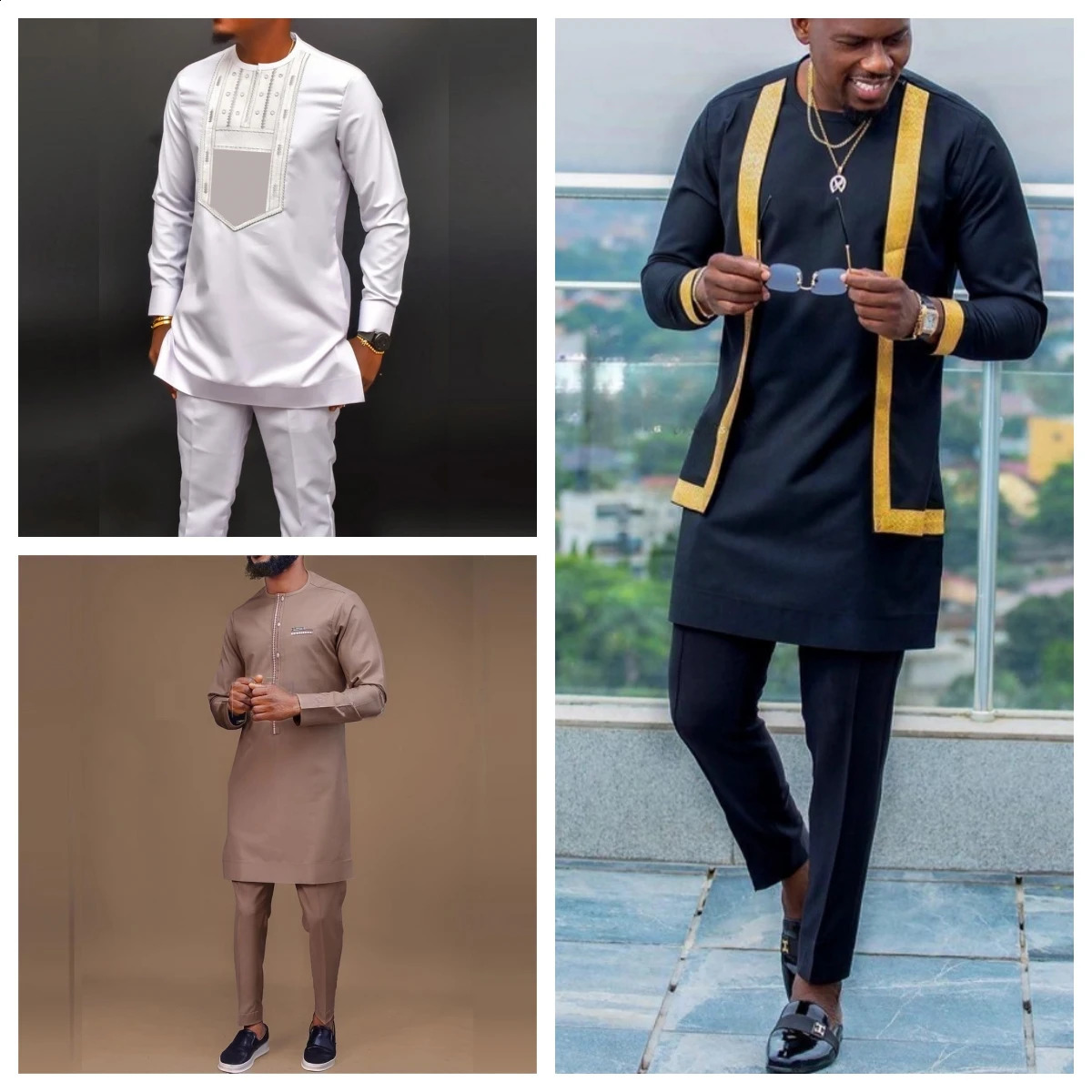 2024 Mens Elegant Suit Shirt Pants 2-piece Two-piece Set Round Neck Stitching Solid Color Party Long Sleeve African Ethnic Styl 240813