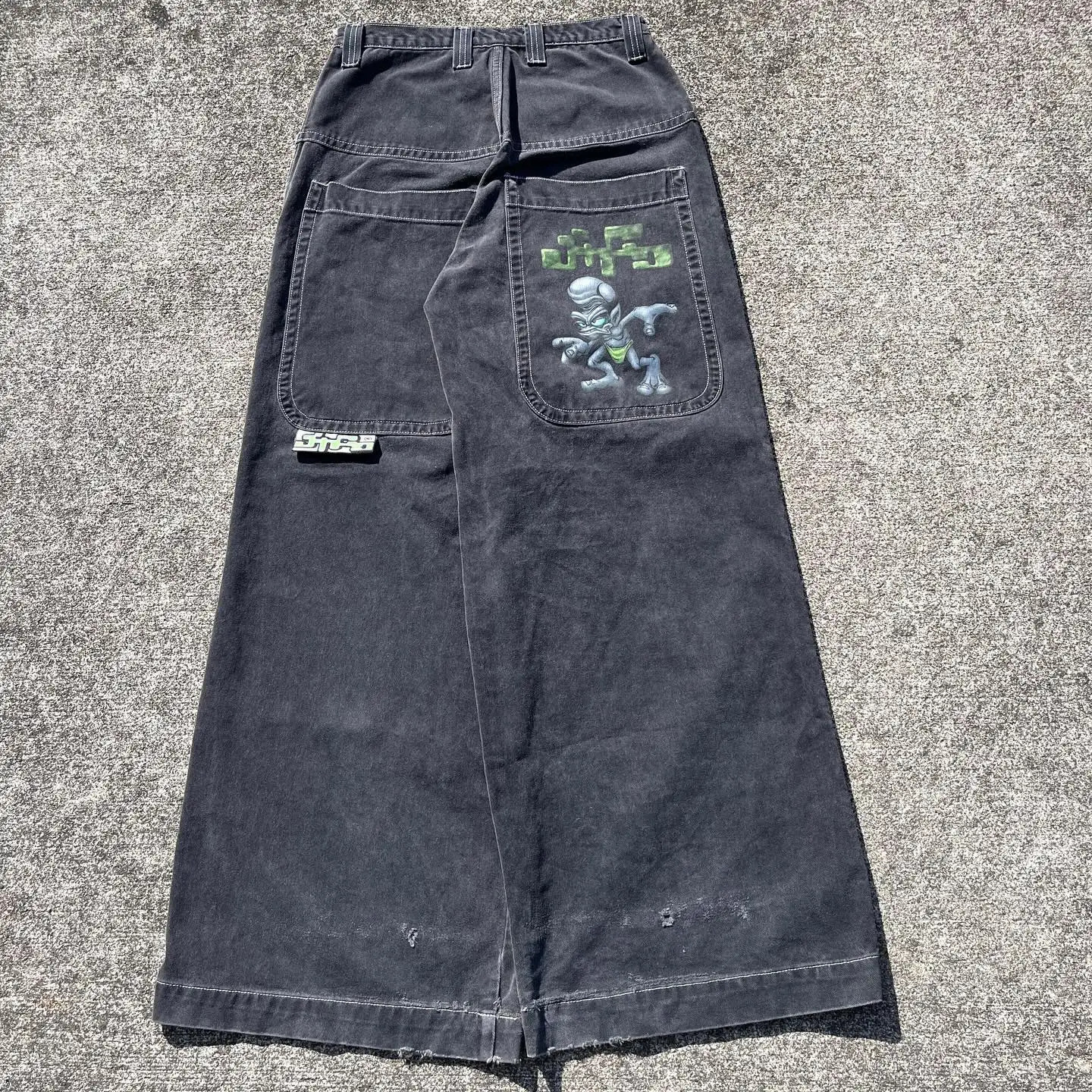 JNCO Hip Hop Bag Alien Printed Jeans Gothic Straight Mens Wide Denim Patch Fashion Neutral Street Clothing 2024 Retro Casual Trousers240813