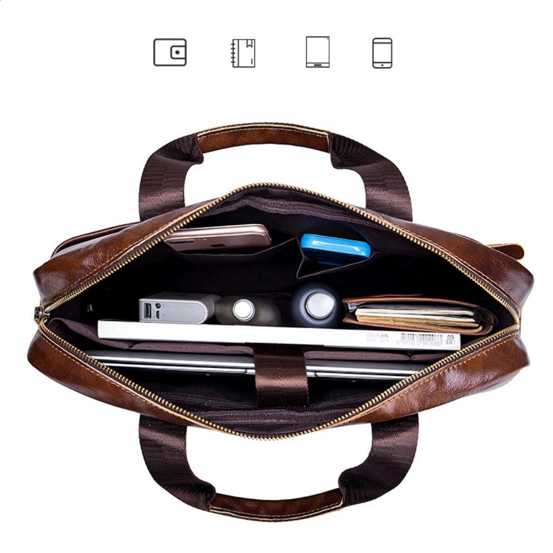 Briefcase Shoulder Messenger Bags Mens Genuine Leather 14-Inch Laptop Bags Mens Briefcase Office Business Handbag 240813