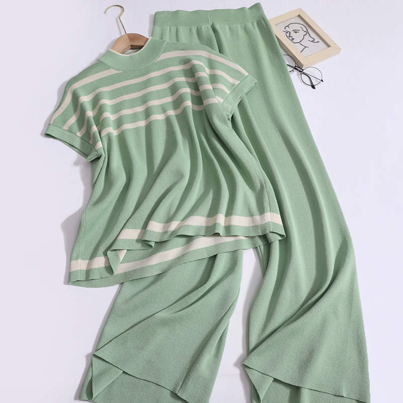 Women Casual Striped O-neck Sleeveless Pullover Elastic Band Wide Leg Pants Simple Loose Knit Two-piece Set Spring Summer 240813