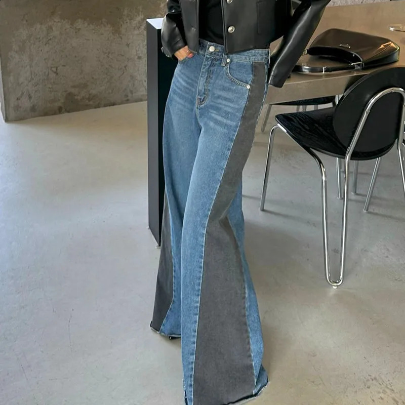 Y2K Fashion Patchwork Vintage Blue Baggy Flare Jeans Pants For Women Clothes Loose Wide Leg Denim Trousers Pantalon Femme 240813
