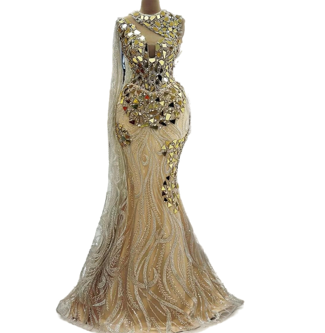 2024 Plus Size Gold Mermaid Prom Dress Lacefull Promdress Beaded Crystals Evening Formal Party Second Reception Birthday Engagement Gowns Dresses ZJ75