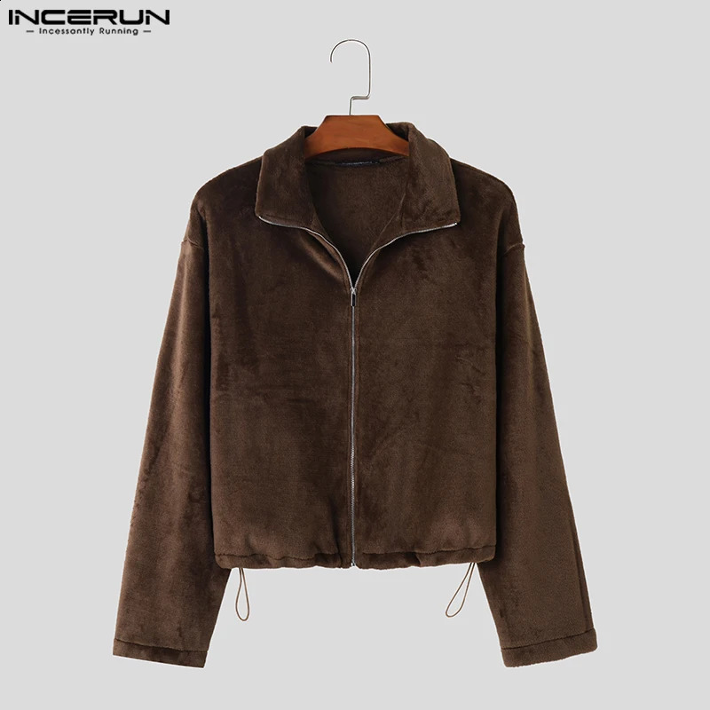 INCERUN Mens Jackets Plush Solid Color Lapel Zipper Long Sleeve Fleece Casual Male Coats Streetwear Fashion Jackets S-5XL o240814