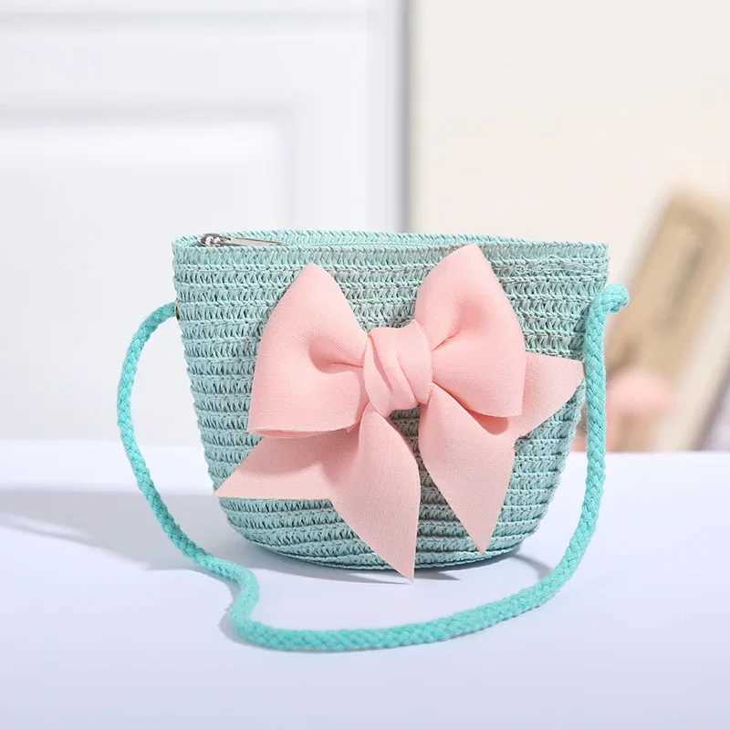 Cute bow straw shoulder bag baby bag hand woven cross body bag princess bag childrens messenger bag mini coin wallet beach handbag W240813
