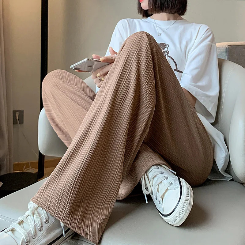 Elegant Solid Color Wide Leg Pants Summer Casual Office Lady Elastic Waist Straight Chic Loose Pant Women Fashion Sweet Trousers Z260314