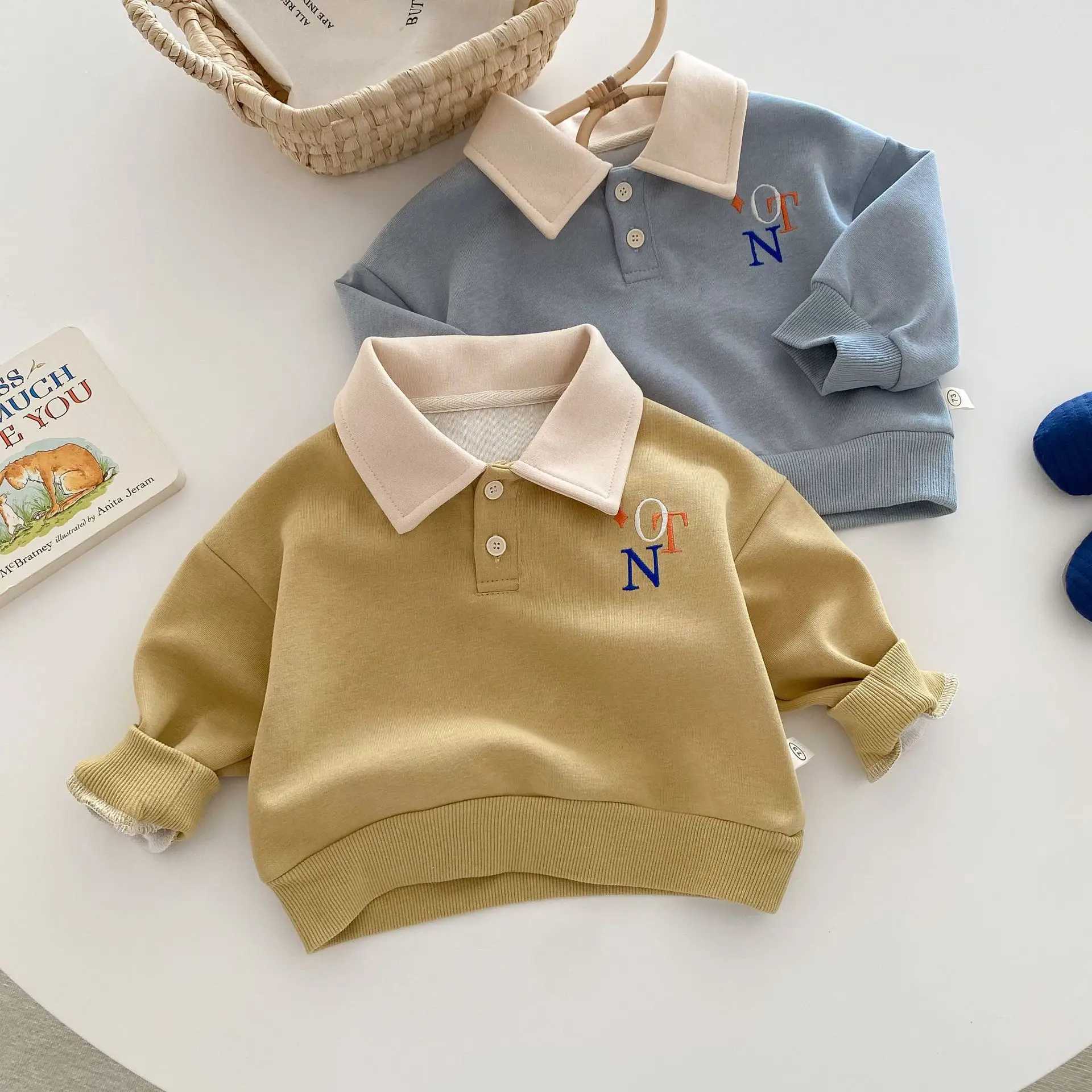 Autumn 0-5 Years Baby Boys Sweatshirts Letter Embroidery Little Boys Pullover Turn Down Collar Elastic Hem Toddler Boys ShirtsY240814